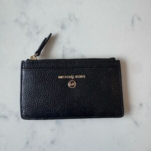 Michael Kors Black Pebbled Leather Zip Card Holder with Gold Logo